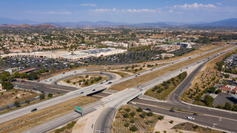 An aerial view of the downtown business district of Murrieta, CA.